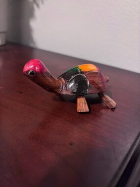 Hand-Carved Colorful Wooden Turtle Figurine.